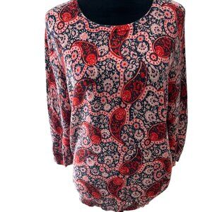Land's End Large 3/4 Sleeve Multicolor Paisley Lightweight Cotton Sweater